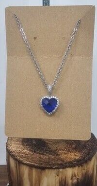 925 Sterling Silver Created Sapphire Heart Pendant Choker CZ Necklace For Women
